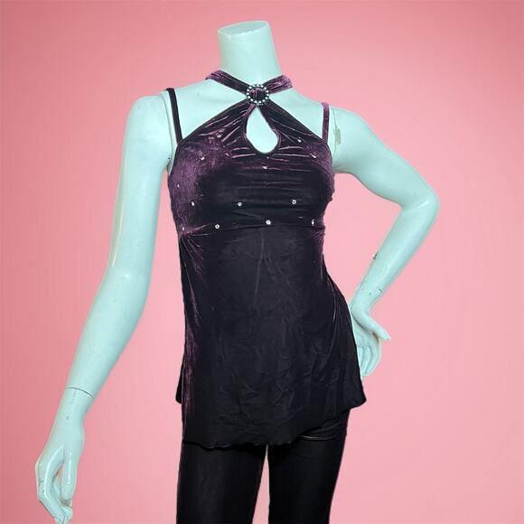 VINTAGE 80s Velvet Keyhole Halter 2 Piece Bodycon Set Size 2 Purple Dancer - Picture 2 of 8